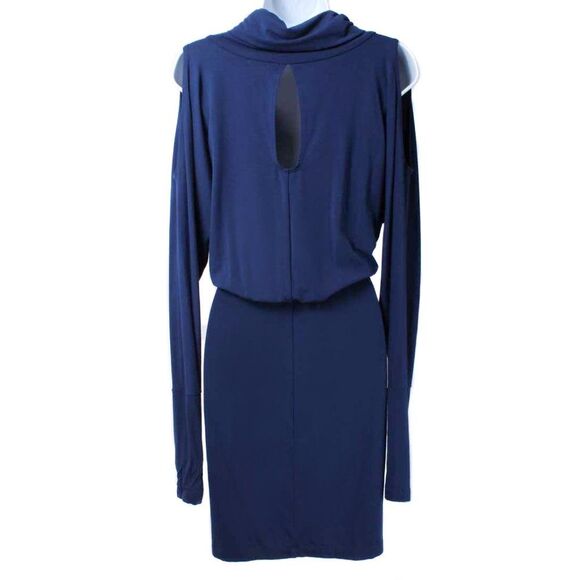 ECOSKIN Blue Cowl Neck Cold Shoulder Keyhole Back Blouson Dress Size Small - Picture 3 of 4